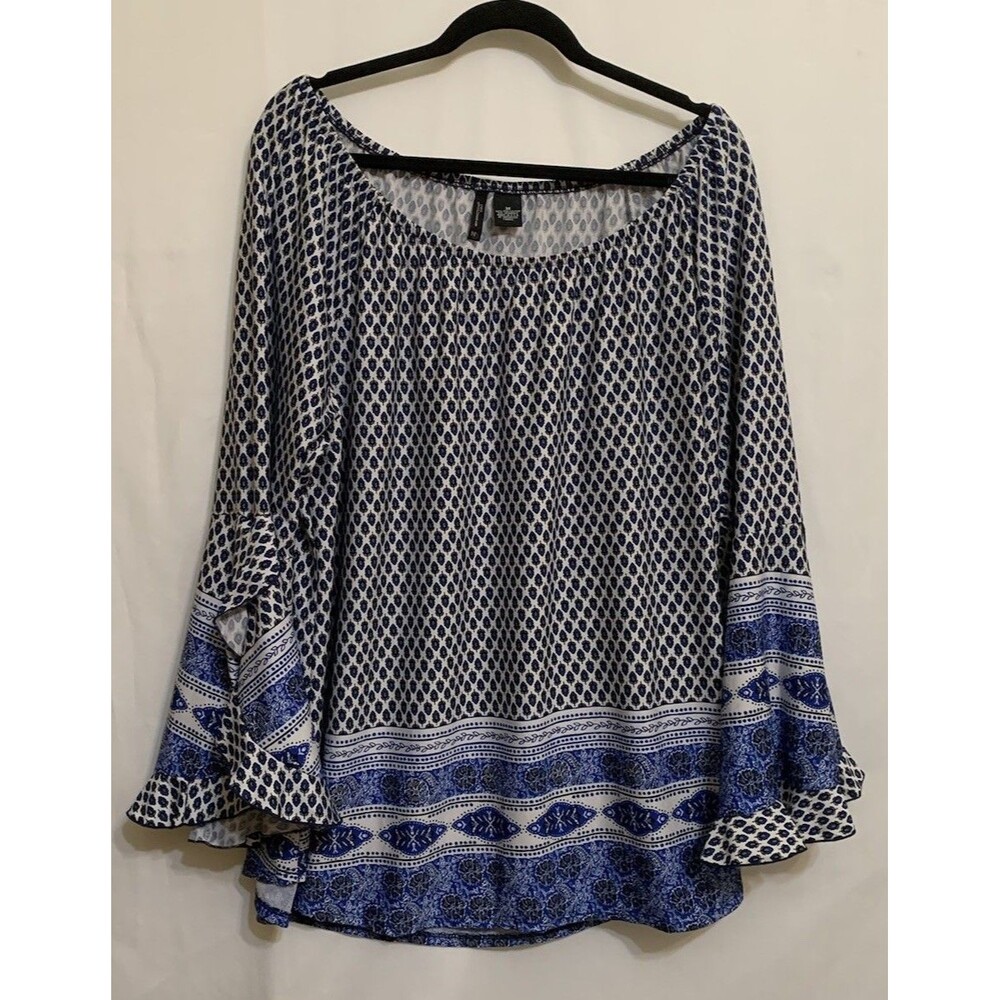 New Directions Curvy Womens Size 3X Top Blue White Long Sleeve Blouse